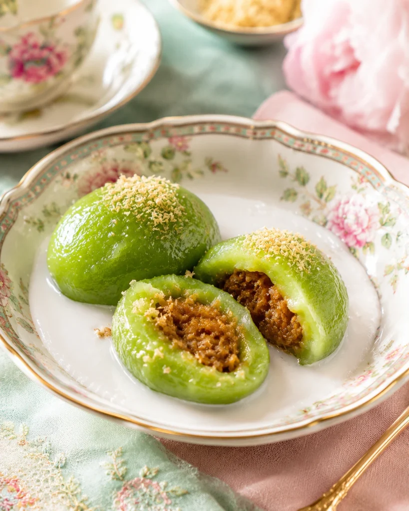 Potongan Kue Putri Mandi hijau dengan kuah santan