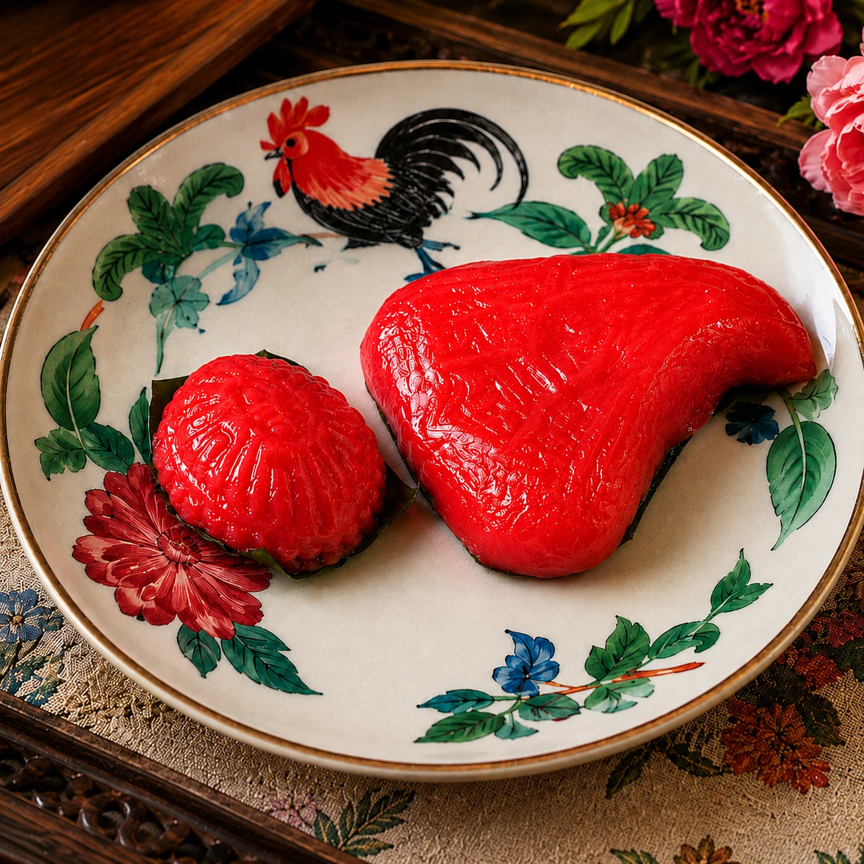 Ang Ku Kue tradisional Peranakan berwarna merah di atas mangkuk piring ornamen Peranakan - Kue Nyonya