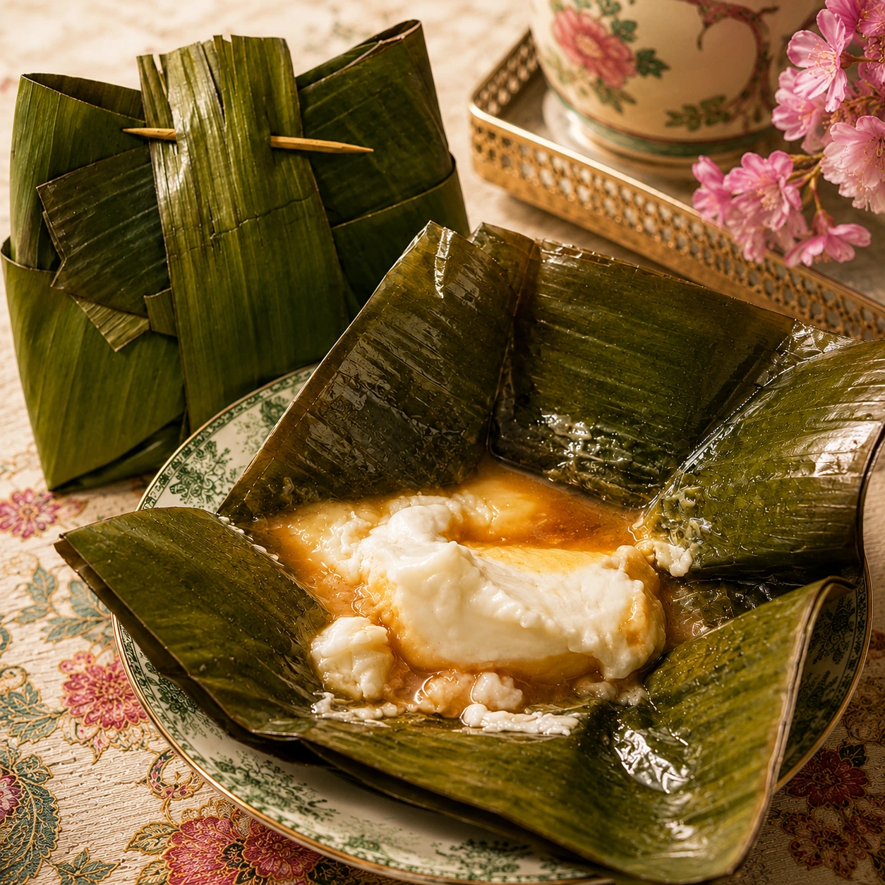 Kue Bongko pandan hijau dalam bungkus daun pisang disajikan dengan kuah santan dan gula merah