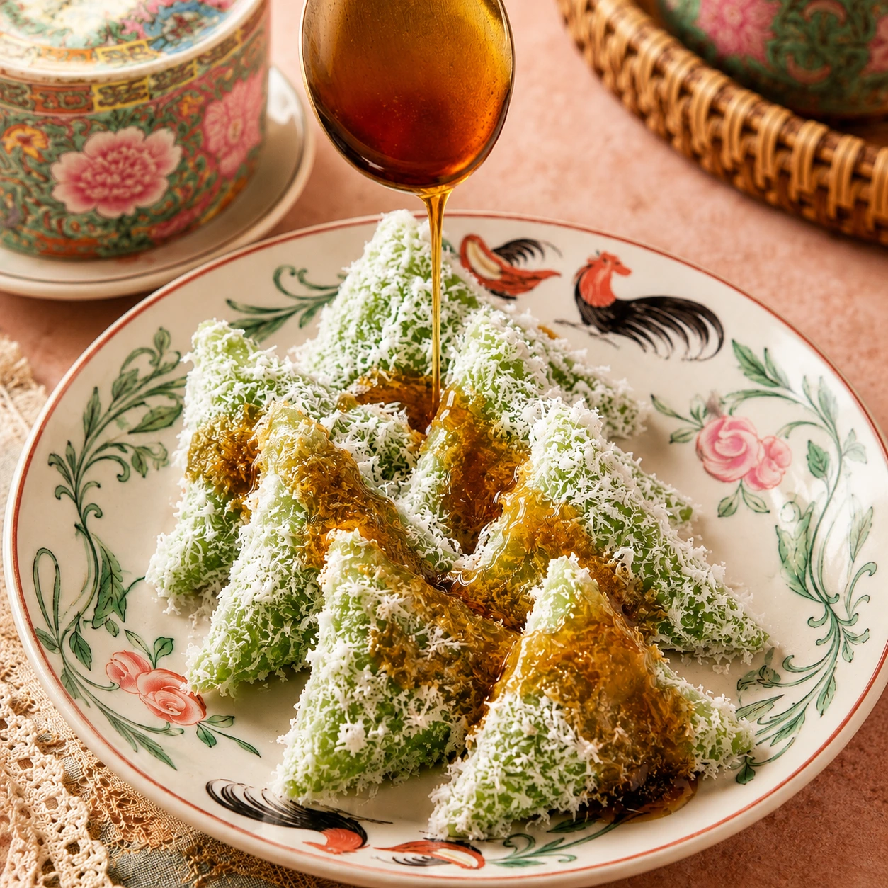 Kue Lupis ketan segitiga dengan taburan kelapa parut dan siraman gula melaka cair