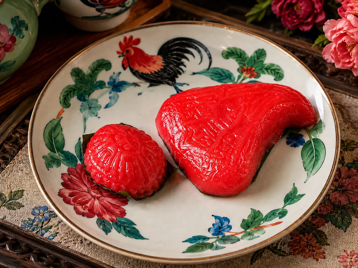 Ang Ku Kue tradisional Peranakan berwarna merah di atas mangkuk piring ornamen Peranakan - Kue Nyonya