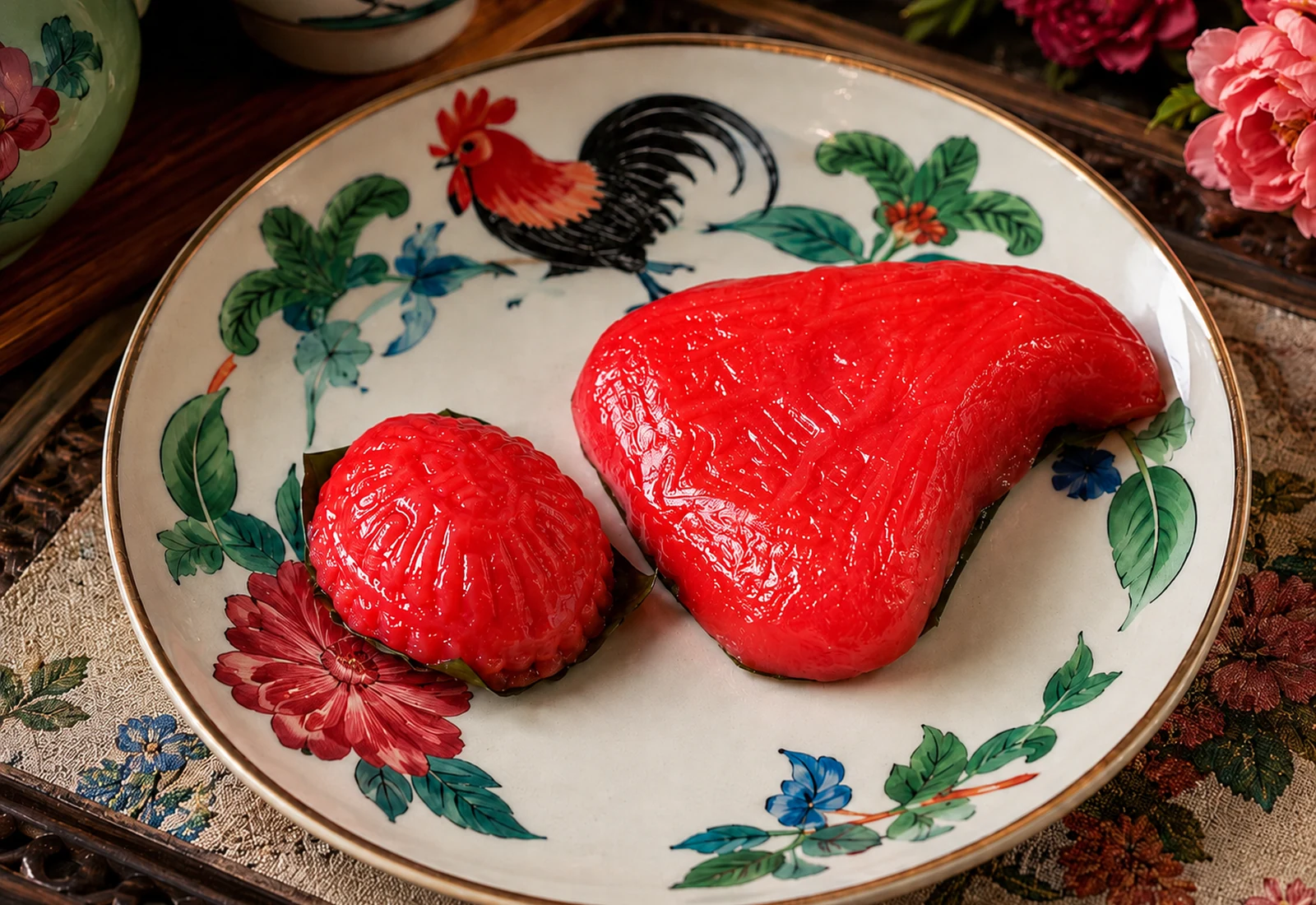 Ang Ku Kue merah di atas piring keramik motif ayam dan bunga
