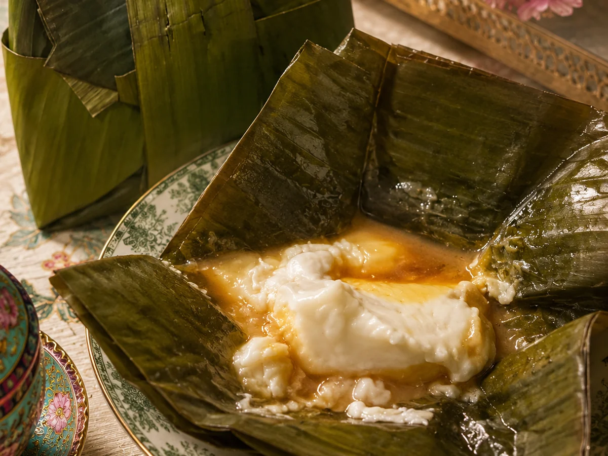 Kue Bongko pandan hijau dalam bungkus daun pisang disajikan dengan kuah santan dan gula merah