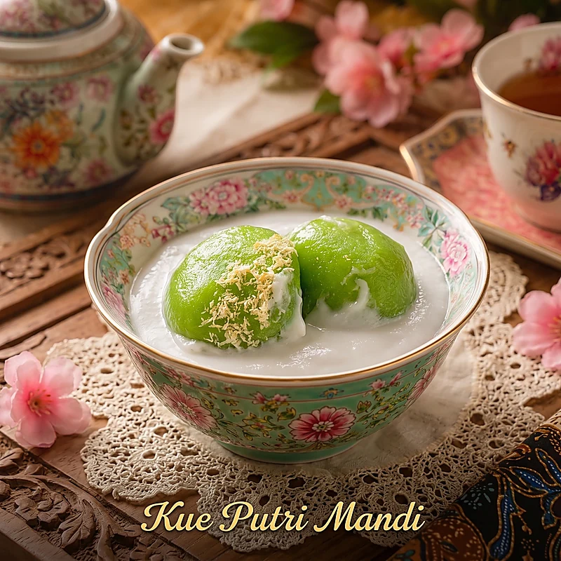 Kue Putri Mandi kenyal berwarna hijau dalam mangkuk berisi kuah santan putih gurih
