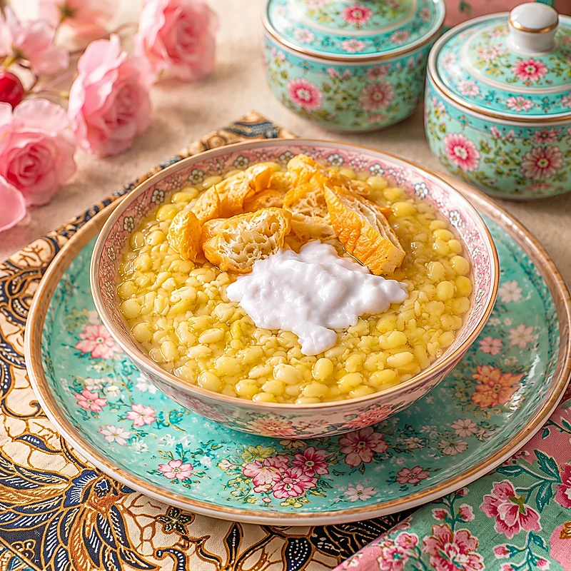 Tao Suan kuah manis kacang hijau kupas dengan topping cakwe renyah dan kuah santan